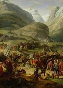 1800年5月20日、ブールサンピエールのセントバーナード峠を渡るフランス軍 作： Charles Thevenin
